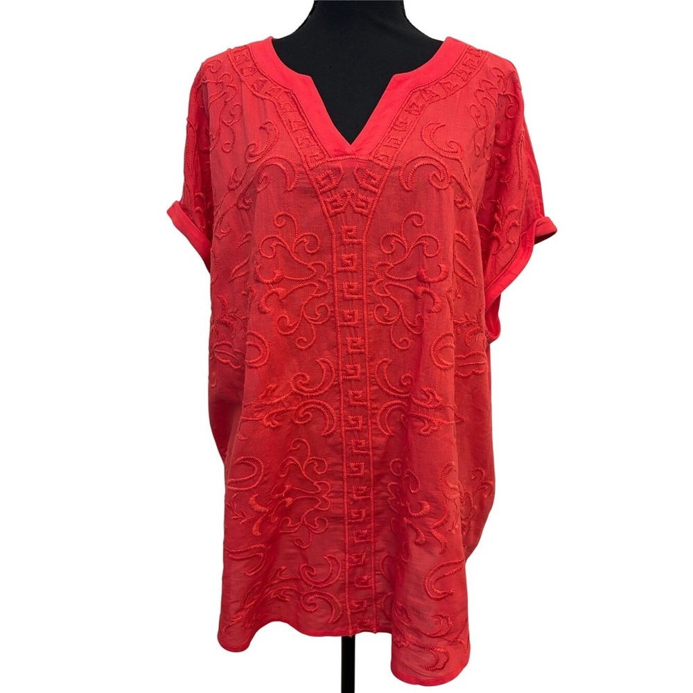 Chico's Red Embroidered Top Size 3 16 Large